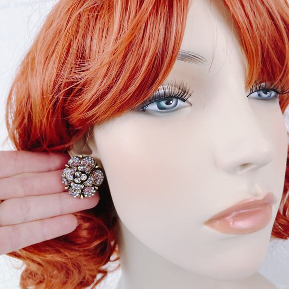 Signed Heidi Daus Swarovski Crystal Clip On Earrings Floral Flower Designer VTG - Picture 6 of 11
